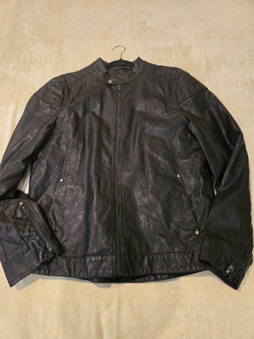 HELIX Black Faux Leather Moto Cafe Racer Jacket Quilted Shoulders